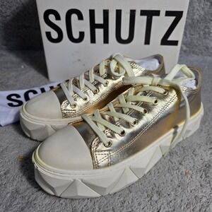 Schutz Energy Lace Up Sneakers Metallic Gold Platform Chunky Sole Women 8B NEW